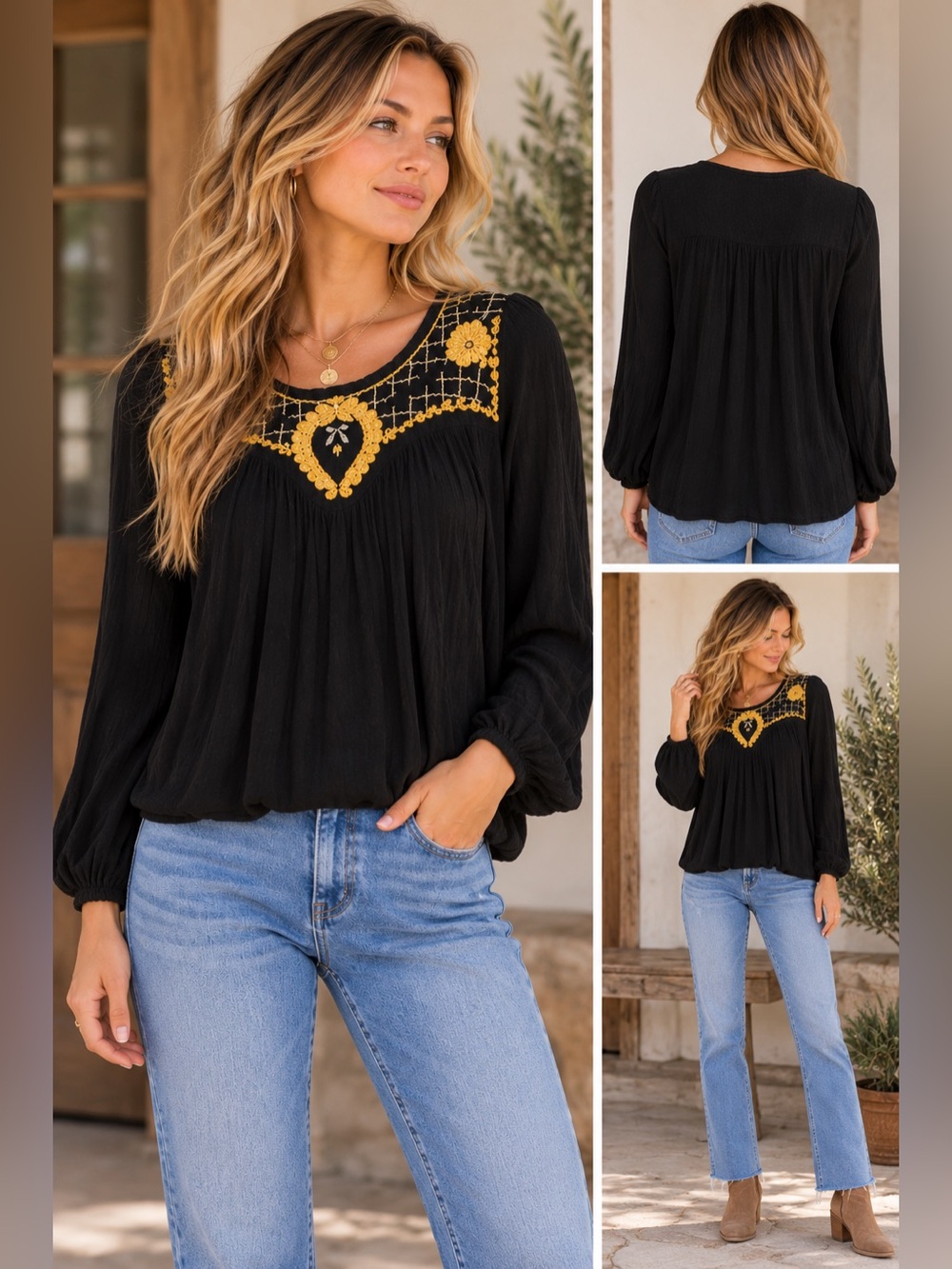 Free People‎ Black Embroidered Boho Top